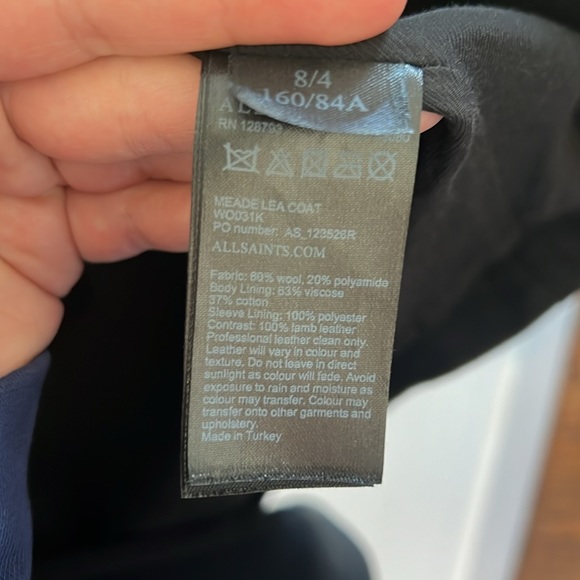 ALLSAINTS Meade Lea Coat, 80% wool, leather sleeves, size 4 - Picture 5 of 5